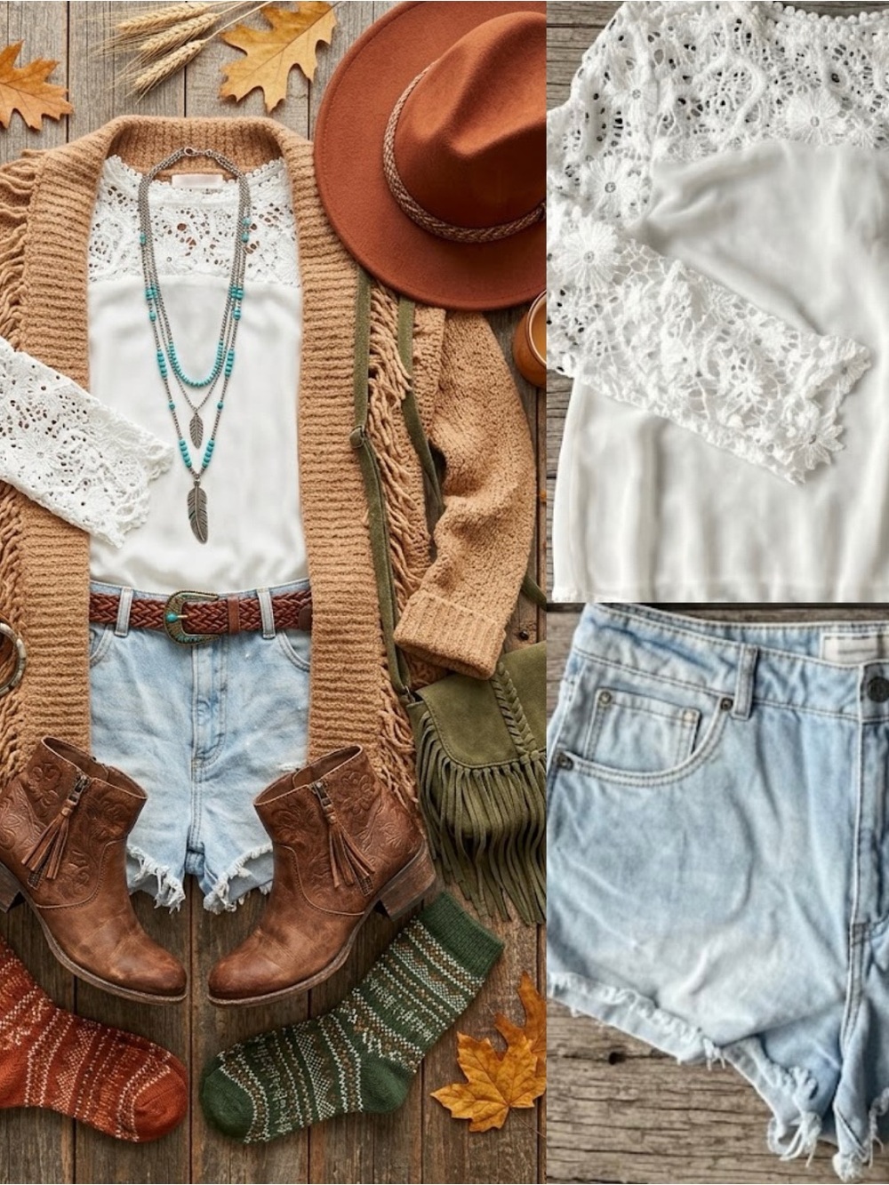 $10 Boho Outfit! 2 Pc Cutoff Denim Shorts & Vintage 70s Lace Long Sleeve Top M
